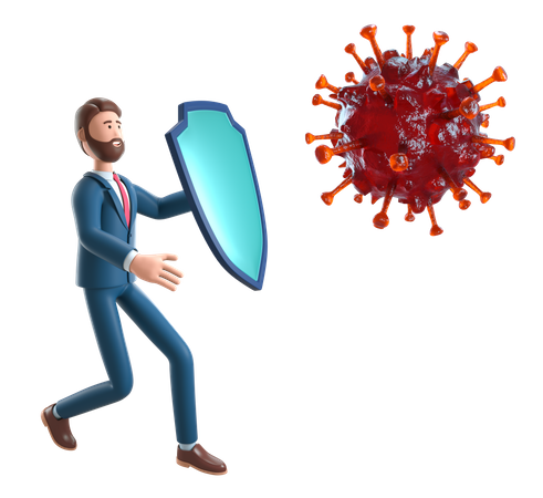 Empresario con escudo de caballero protegiéndose del coronavirus  3D Illustration