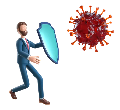 Empresario Con Escudo De Caballero Que Protege De Las Bacterias Del Coronavirus Ilustracion 3 D Del Hombre Luchador De Dibujos Animados Pandemia De Covid 19 Concepto De Prevencion De Brotes De Gripe 3D Illustration