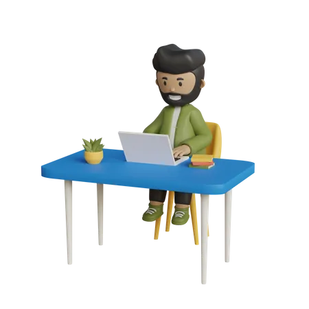 Hombre de negocios con computadora portátil trabajando en el escritorio  3D Illustration