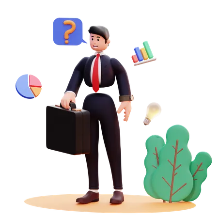 Hombre de negocios con maletín piensa en la solución  3D Illustration