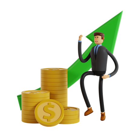 Empresario con montón de monedas de dólar y flecha verde subiendo  3D Illustration