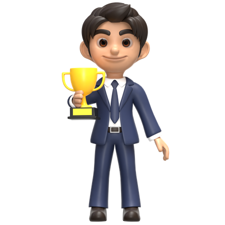 Hombre de negocios sosteniendo un trofeo de oro  3D Illustration