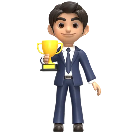 Hombre de negocios sosteniendo un trofeo de oro  3D Illustration