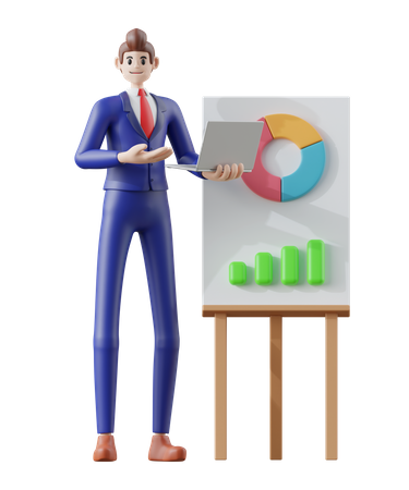 Hombre de negocios con computadora portátil y gesto de presentación  3D Illustration