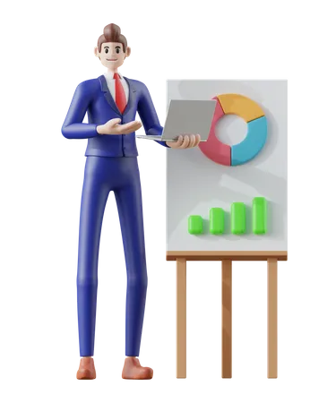 Hombre de negocios con computadora portátil y gesto de presentación  3D Illustration