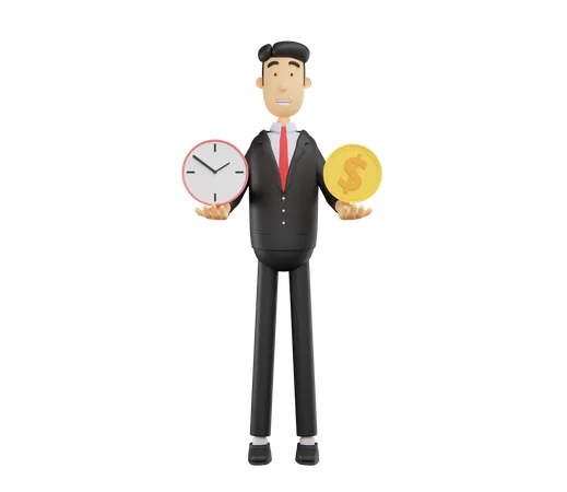 Empresario con reloj y dólar  3D Illustration