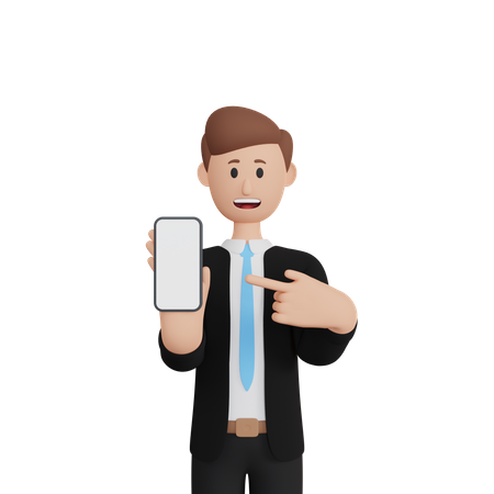 Empresario con smartphone con pantalla en blanco  3D Illustration