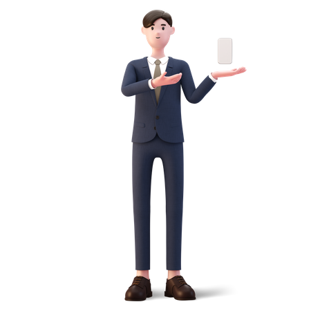 Empresario con teléfono inteligente y mostrando pantalla en blanco  3D Illustration