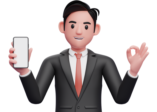 Hombre de negocios con traje formal negro dando el dedo correcto y sosteniendo un teléfono móvil  3D Illustration