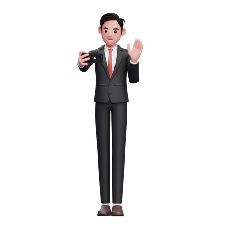 Un hombre de negocios con traje formal negro hace videollamadas y saluda con la mano  3D Illustration