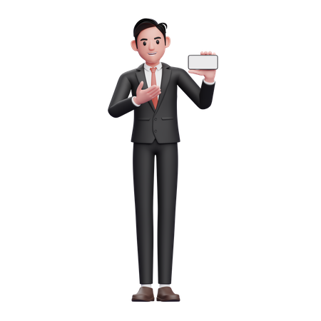 Hombre de negocios con traje formal negro que presenta una pantalla de teléfono horizontal  3D Illustration