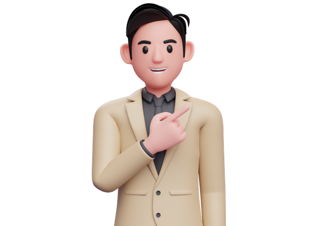 Empresario con traje marrón apuntando hacia la parte superior derecha  3D Icon