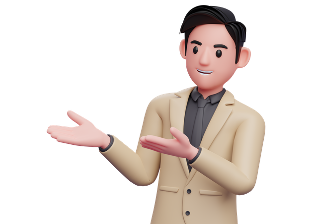 Hombre de negocios con traje marrón y corbata negra posan con ambas manos abiertas  3D Illustration