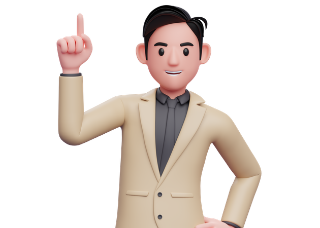 Empresario de traje marrón apuntando hacia arriba con el dedo índice  3D Illustration