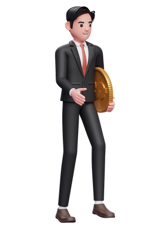 Hombre de negocios con traje negro caminando mientras llevaba monedas  3D Illustration