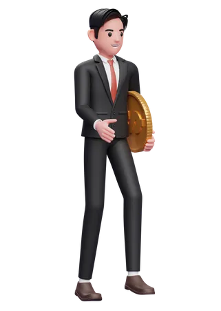 Hombre de negocios con traje negro caminando mientras llevaba monedas  3D Illustration