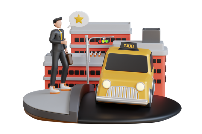 Empresario dando comentarios sobre el servicio de taxi.  3D Illustration