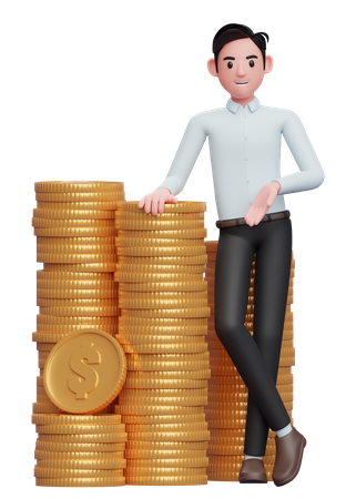 Empresário de camisa azul em pé com as pernas cruzadas e apoiando-se na pilha de moedas  3D Illustration