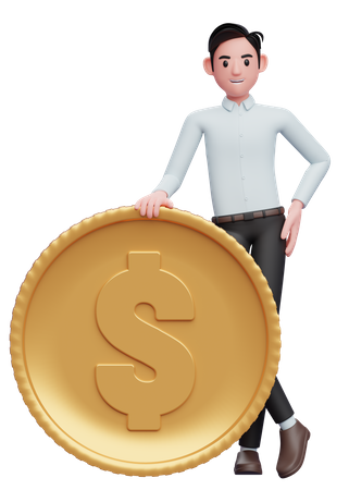 Empresário de camisa azul em pé com as pernas cruzadas e segurando uma moeda  3D Illustration
