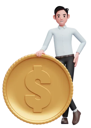 Empresário de camisa azul em pé com as pernas cruzadas e segurando uma moeda  3D Illustration