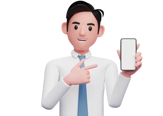Retrato De Um Empresario De Camisa Branca Apontando O Dedo Para O Celular Na Mao Ilustracao 3 D Do Empresario Usando O Telefone 3D Illustration