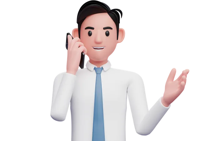 Retrato De Um Empresario De Camisa Branca Tendo Uma Conversa Telefonica Ilustracao 3 D De Um Empresario Usando O Telefone 3D Illustration