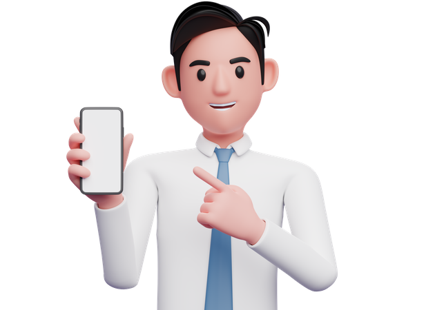Empresário de camisa branca e gravata azul apontando o celular na mão  3D Illustration