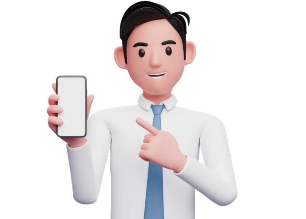 Empresário de camisa branca e gravata azul apontando o celular na mão  3D Illustration