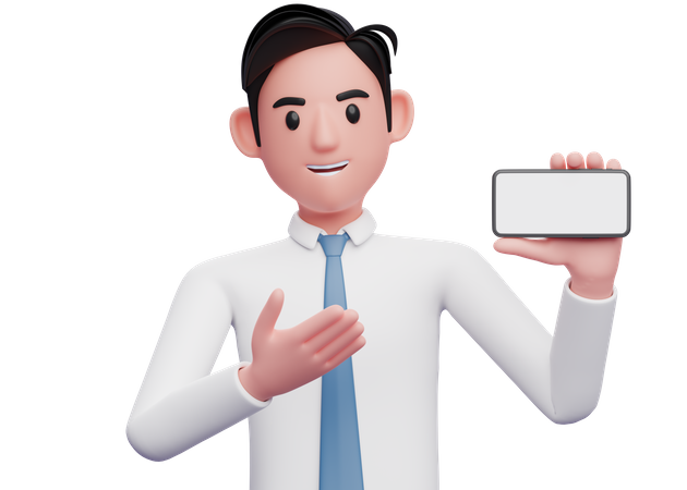 Empresário de camisa branca e gravata azul apresentando telefone com tela de paisagem  3D Illustration