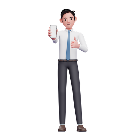 Empresário de camisa branca e gravata azul dá sinal de positivo e mostra a tela do telefone  3D Illustration