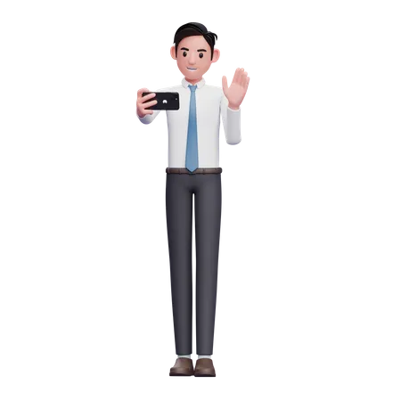 Empresario De Camisa Branca E Gravata Azul Faz Videochamadas Ilustracao 3 D Do Empresario Usando Telefone 3D Illustration