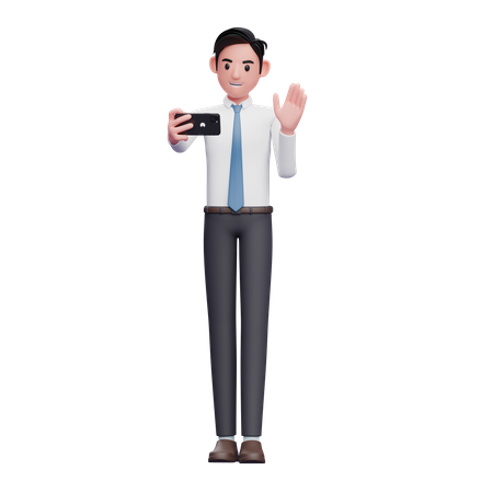 Empresário de camisa branca e gravata azul faz videochamadas  3D Icon