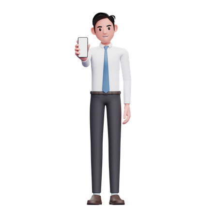 Empresário de camisa branca e gravata azul mostrando a tela do telefone  3D Illustration
