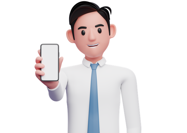 Empresário de camisa branca e gravata azul mostrando a tela do telefone para a câmera  3D Illustration