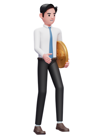 Empresário de camisa branca e gravata azul andando enquanto carregava moedas  3D Illustration