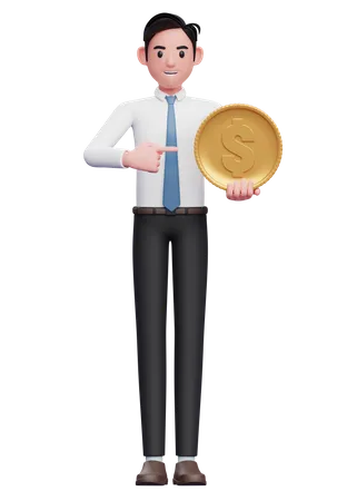 Empresário de camisa branca gravata azul apontando moeda  3D Illustration