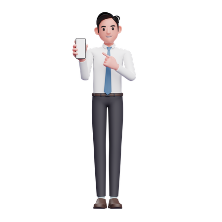 Empresário de camisa branca e gravata azul apontando para a tela do telefone  3D Illustration