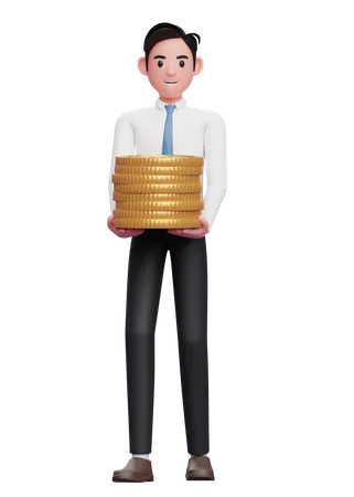 Empresário de camisa branca e gravata azul carrega pilhas de moedas de ouro  3D Illustration