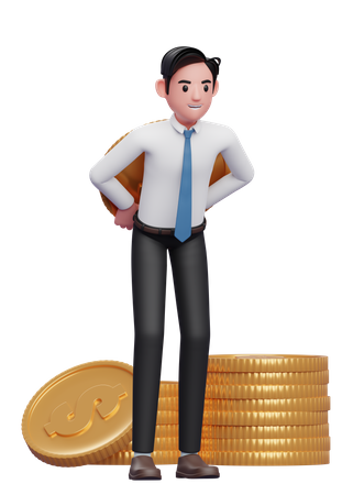 Empresário de camisa branca e gravata azul carregando uma moeda gigante nas costas  3D Illustration