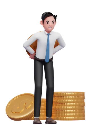 Empresário de camisa branca e gravata azul carregando uma moeda gigante nas costas  3D Illustration
