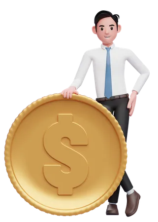 Empresário de camisa branca, gravata azul, em pé com as pernas cruzadas e segurando a moeda  3D Illustration