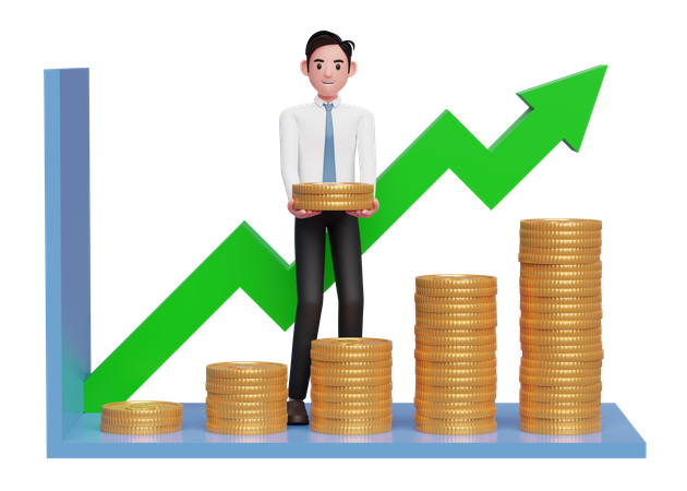 Empresário de camisa branca e gravata azul fazendo gráfico de barras estatístico com pilha de moedas de ouro  3D Illustration