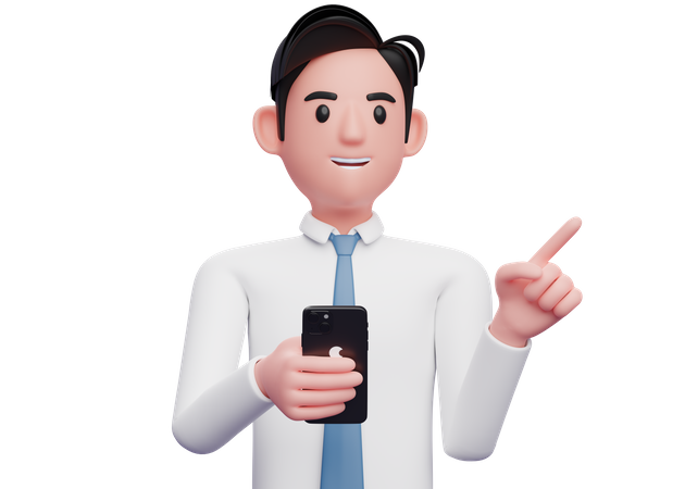 Empresário de camisa branca segurando o telefone e apontando para o lado  3D Illustration