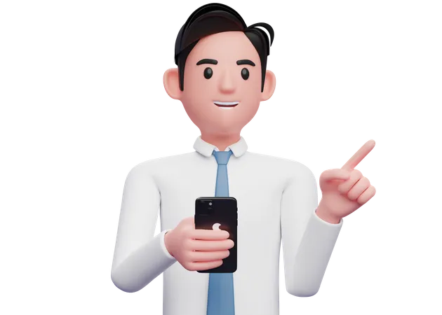 Empresário de camisa branca segurando o telefone e apontando para o lado  3D Illustration