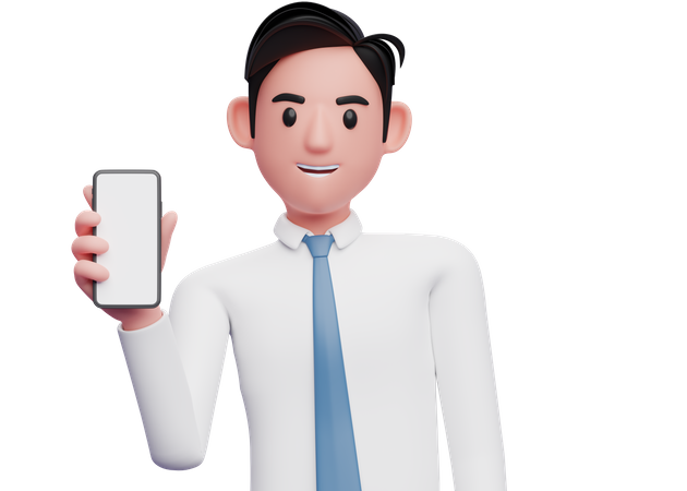 Empresário de camisa branca segurando um celular enquanto inclina o corpo  3D Illustration