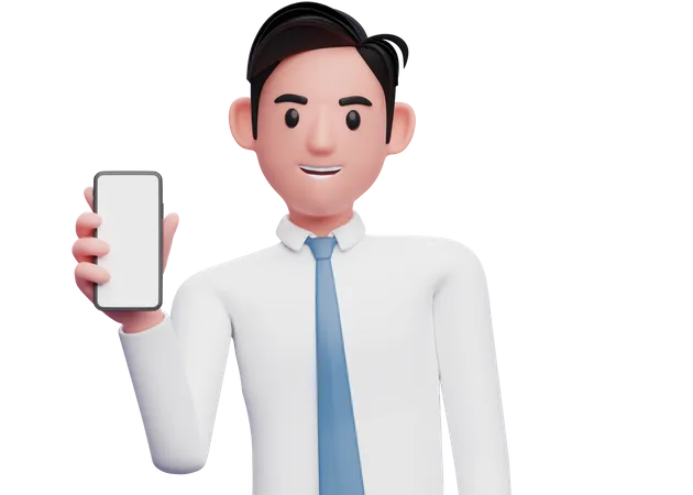 Empresario De Camisa Branca Segurando Um Celular Enquanto Inclina O Corpo Ilustracao 3 D Do Empresario Usando Telefone 3D Illustration