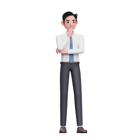 Empresário vestindo camisa longa e gravata azul pensando com o punho no queixo  3D Illustration