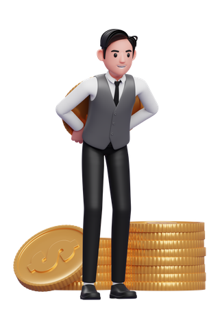 Empresário de colete cinza carregando uma moeda gigante de dólar nas costas  3D Illustration