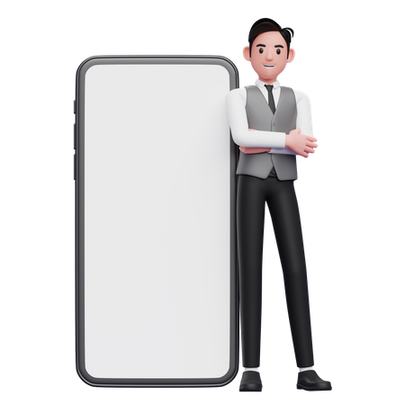 Empresário de colete cinza cruza os braços e se apoia no celular com uma grande tela branca  3D Illustration