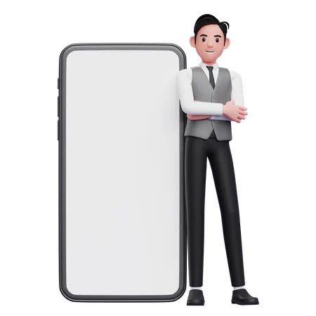 Empresário de colete cinza cruza os braços e se apoia no celular com uma grande tela branca  3D Illustration